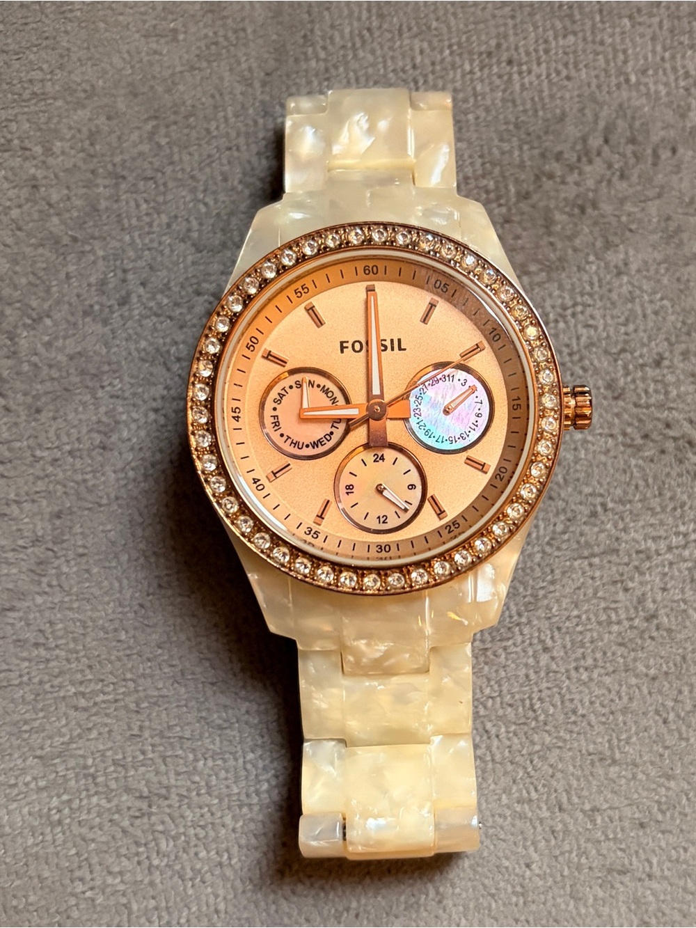 Fossil Women's Pearlized Resin Watch with Rose Gold Crystal Bezel